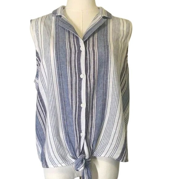 Beach Lunch Lounge Blue Striped Linen-blendSleeveless Button-Up Top. Size Large. - Picture 1 of 8